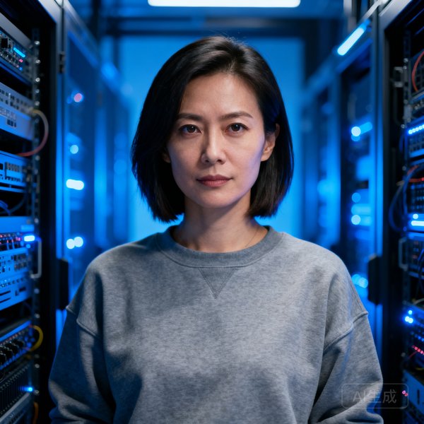 MK体育技术总监陈思莹的头像，一位留着齐肩短发、眼神锐利的32岁女性工程师，穿着灰色卫衣，身后是服务器机房的蓝色灯光背景