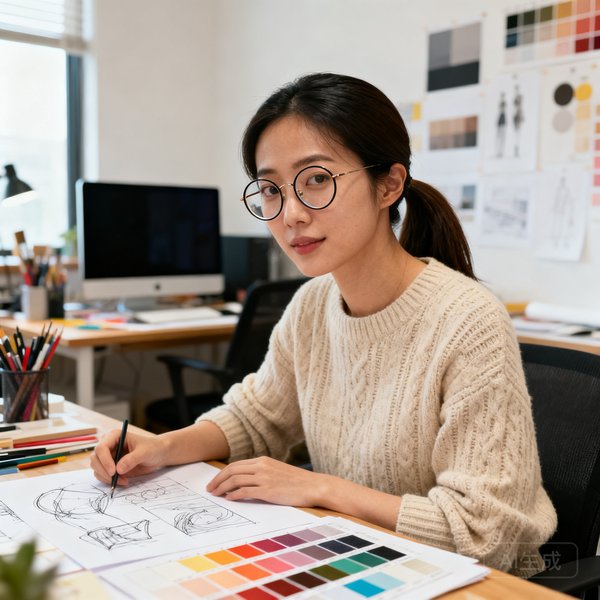 MK体育设计总监李晓菲的头像，一位28岁的女性设计师，扎着马尾辫，戴着圆框眼镜，穿着米色针织衫，坐在设计工作室中，面前摆放着配色方案和草图